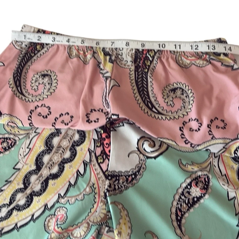Melissa Paige wide leg/palazzo style pants, paisley print, pink/teal/ white, L